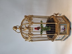 A stunning and very fine  Hexagonal  shaped, gilt bronze and Sevres plaque single singing bird-in-cage, by Bontems