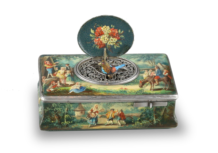 Finely painted antique sarcophagus-form wooden singing bird box, by Juvenia