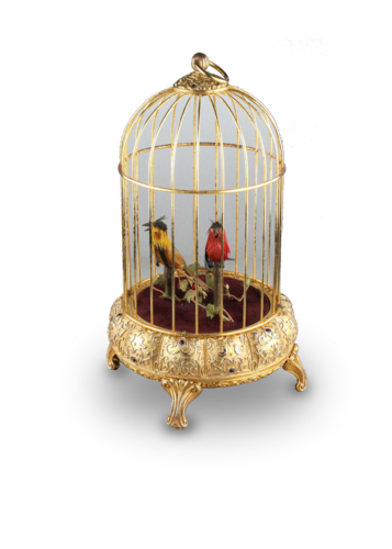 Gilt metal small double singing birds-in-cage, by Elpa