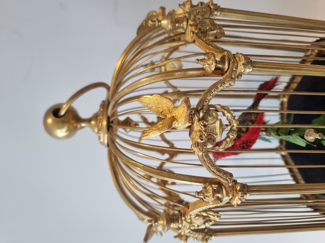 A stunning and very fine  Hexagonal  shaped, gilt bronze and Sevres plaque single singing bird-in-cage, by Bontems