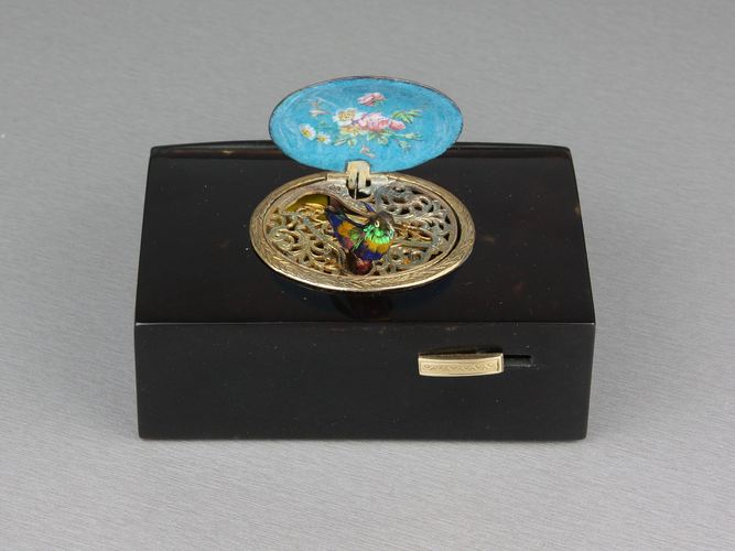 A fine tortoiseshell and pictorial enamel singing bird box, by Bontems, circa 1875