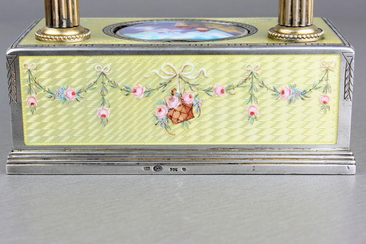 Vintage silver-gilt, guilloche yellow enamel and pictorial enamel timepiece alarm-actuated singing bird box, by C. H. Marguerat