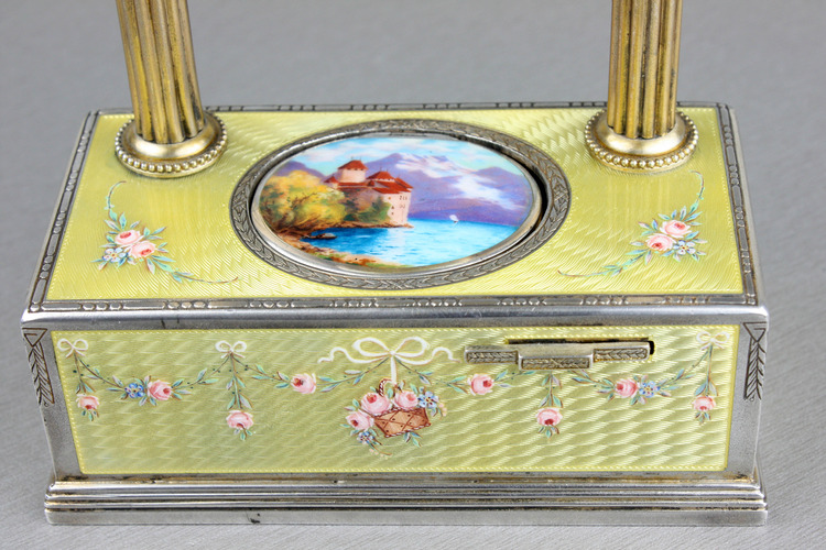 Vintage silver-gilt, guilloche yellow enamel and pictorial enamel timepiece alarm-actuated singing bird box, by C. H. Marguerat