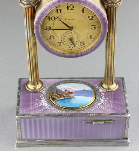 Vintage silver-gilt, guilloche lilac enamel and pictorial enamel timepiece alarm-actuated singing bird box, by C. H. Marguerat